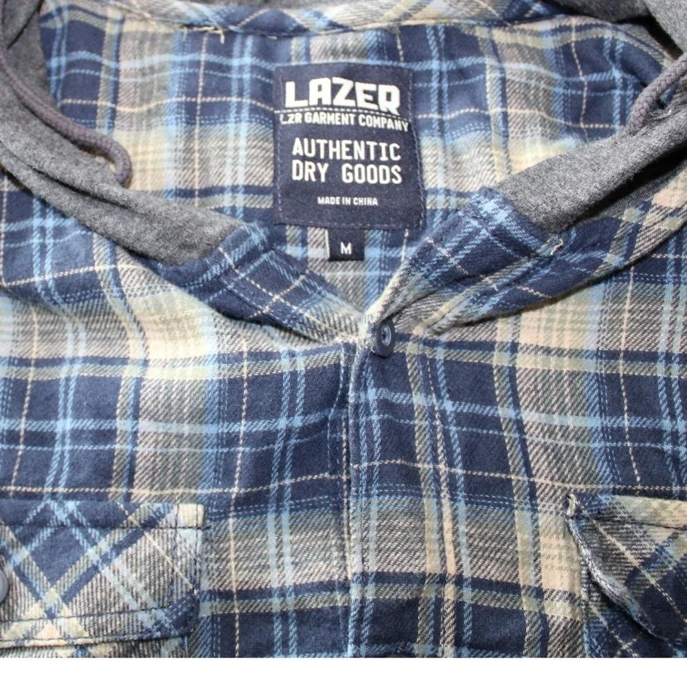 Lazer Garment Company Mens Blue Plaid Hooded Flannel Shirt Classic Fit M NWT